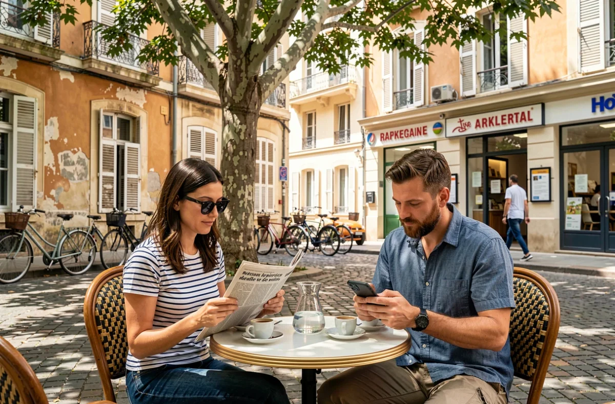 Terrasse de café de quartier à Marseille avec des résidents profitant d'une ambiance urbaine conviviale et sécurisée