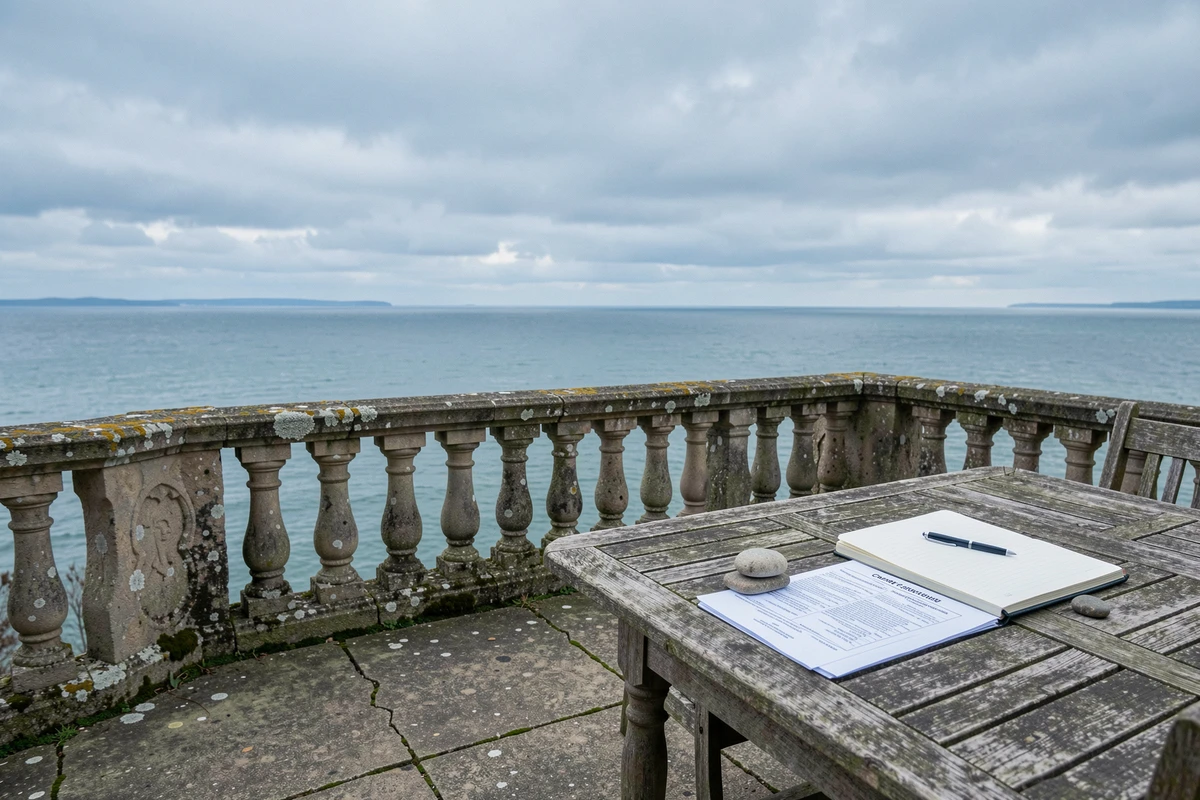 Terrasse en pierre d'une maison normande vue mer avec documents de charges posés sur une table en bois usé