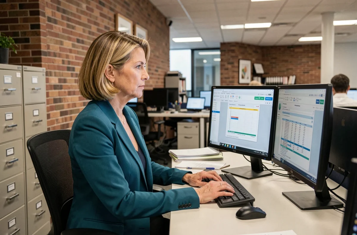 Une gestionnaire de TFI travaillant sur un logiciel de gestion immobilière dans les bureaux modernes du cabinet