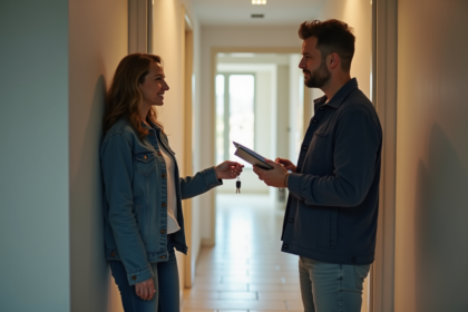 Femme remettant une clé à un homme dans un couloir d'appartement