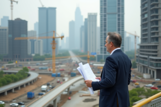 Urbaniste en extérieur avec plans sur un chantier urbain