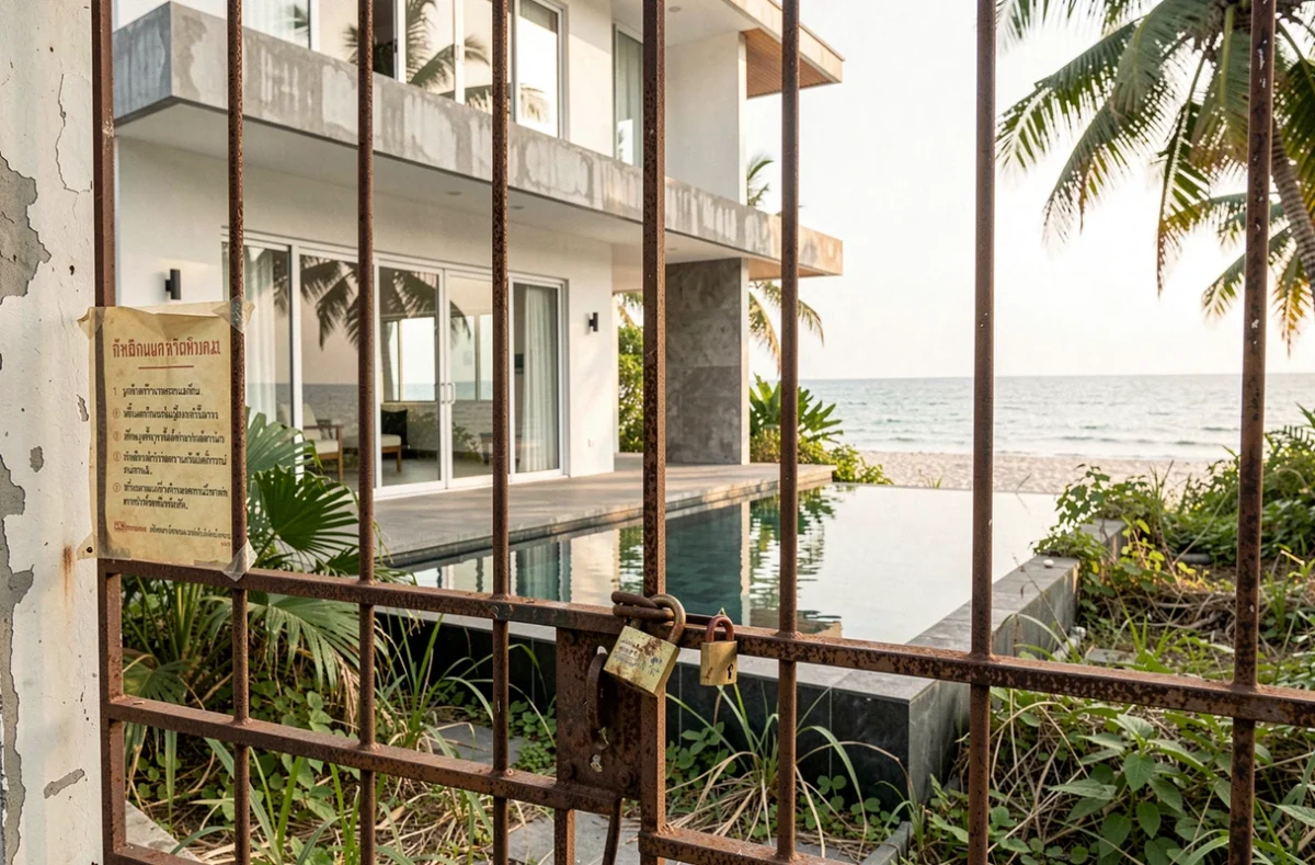 Villa thaïlandaise en bord de mer abandonnée avec portail cadenassé et avis juridique, illustrant les risques immobiliers pour les expatriés