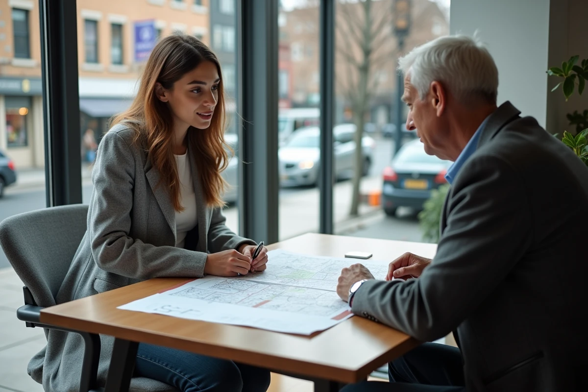 Jeune femme examinant un plan immobilier dans un bureau