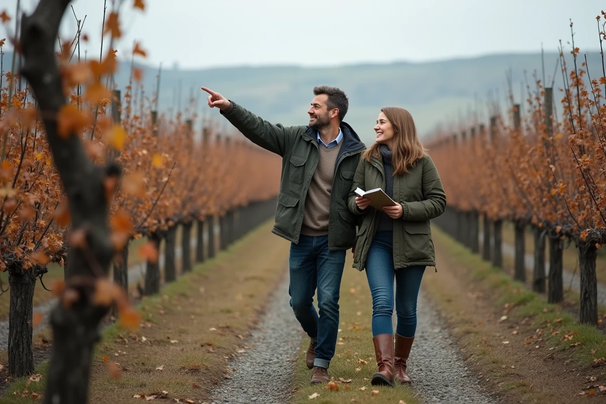Couple de futurs acquéreurs visitant des parcelles de vignes bordelaises en automne, prenant des notes lors d'une visite de propriété viticole