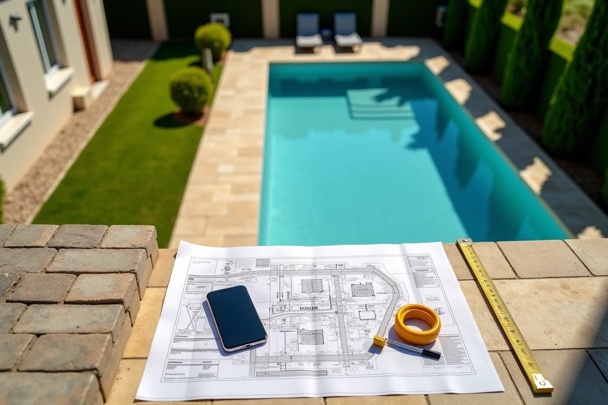 Vue aérienne d'un terrain résidentiel avec piscine, terrasse et annexe illustrant le calcul de l'emprise au sol